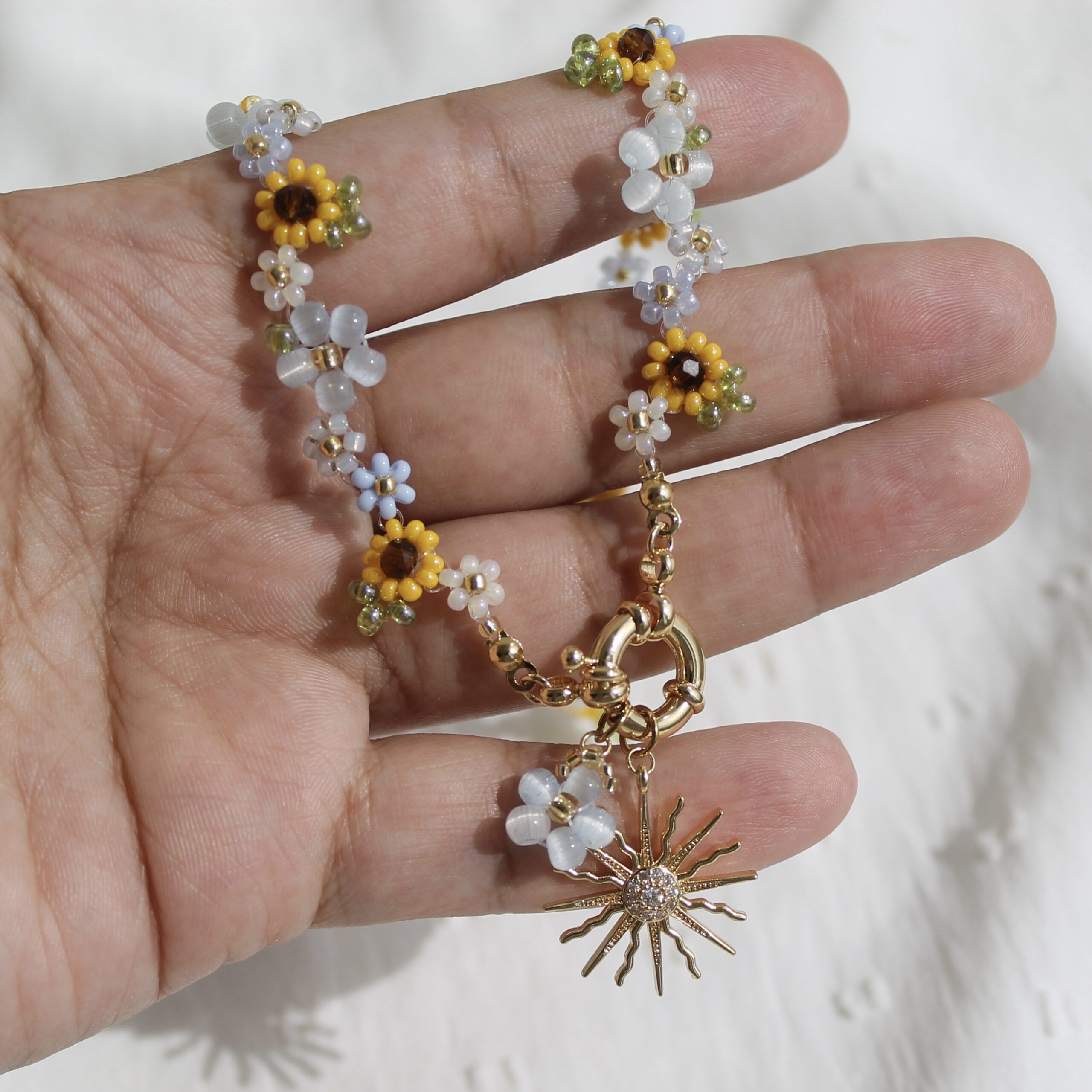 sky blue floral necklace with sunflower beads