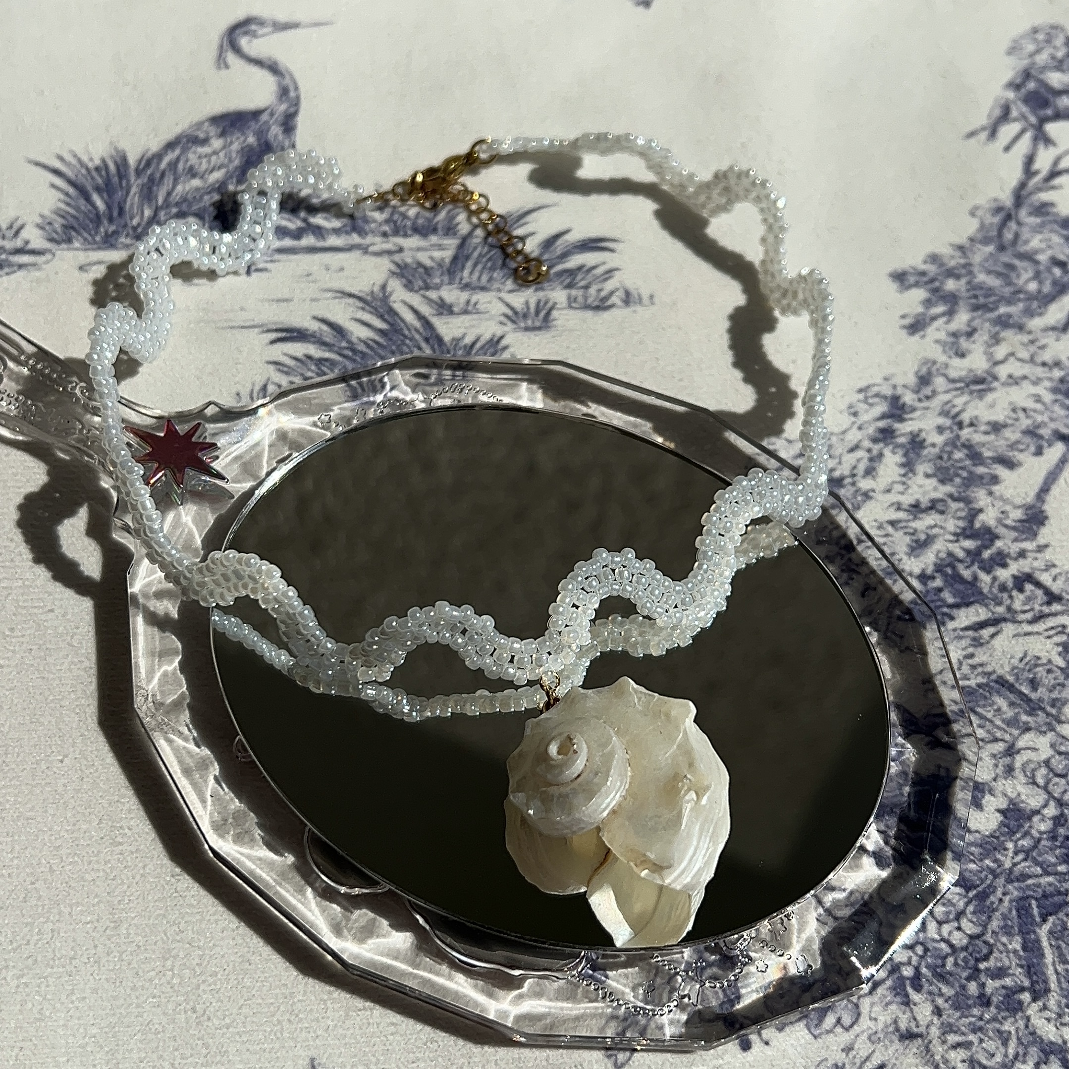 White beaded shell necklace coastal jewelry