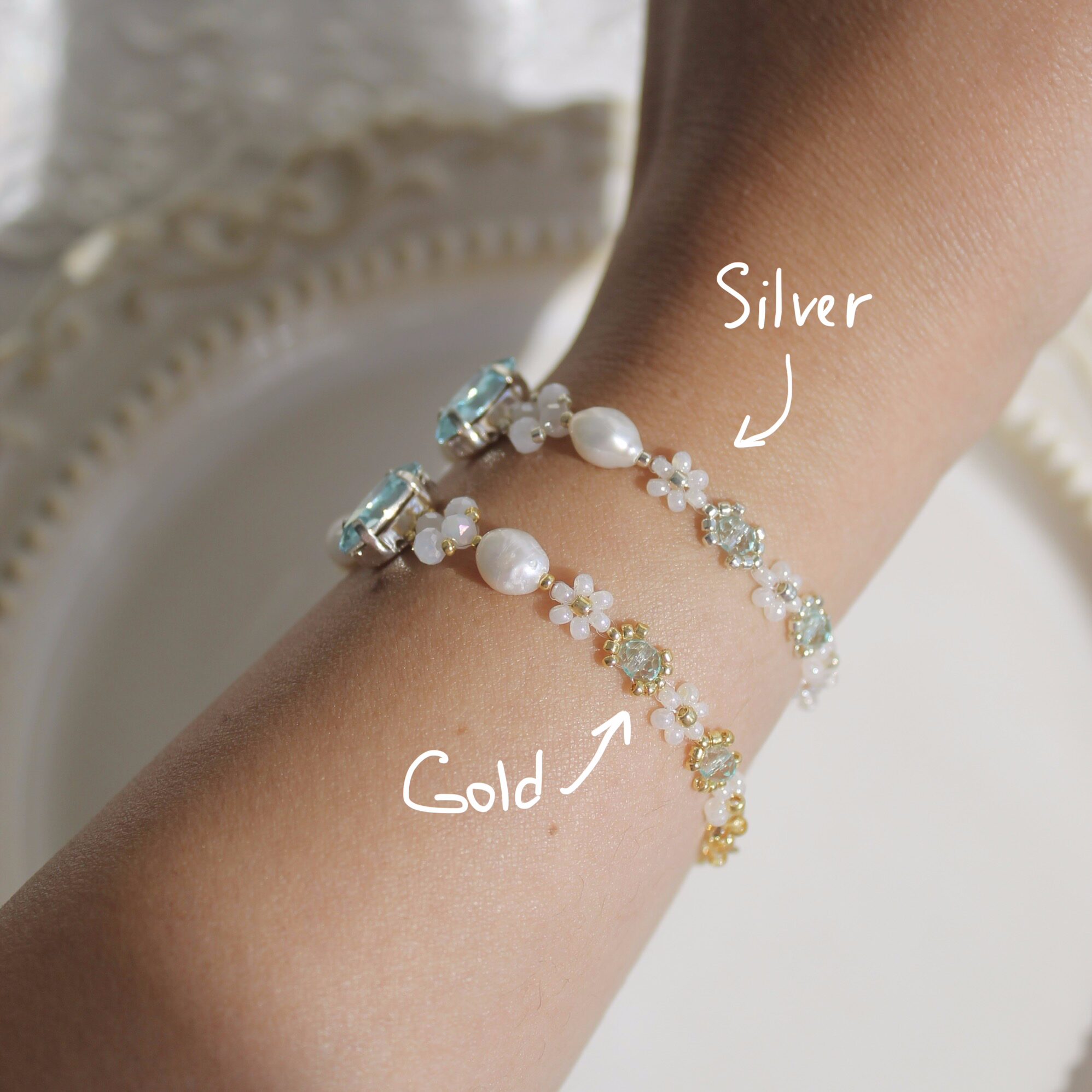 Delicate pearl and blue beaded bracelet