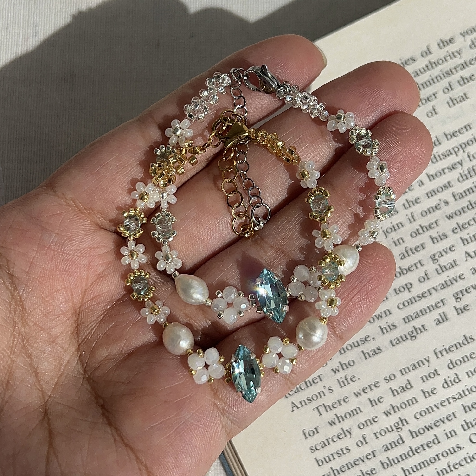 Aquamarine colored glass bead and freshwater pearl bracelet