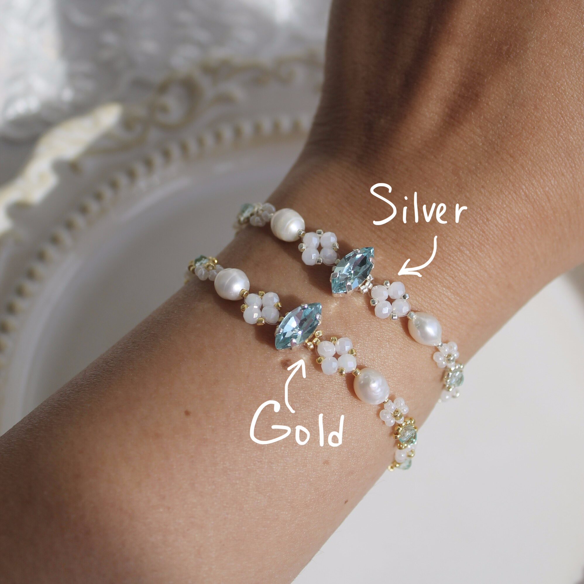 Woven floral bracelet with aquamarine glass beads