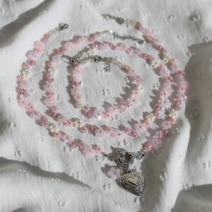 Pink floral beaded necklace and bracelet jewelry with silver details