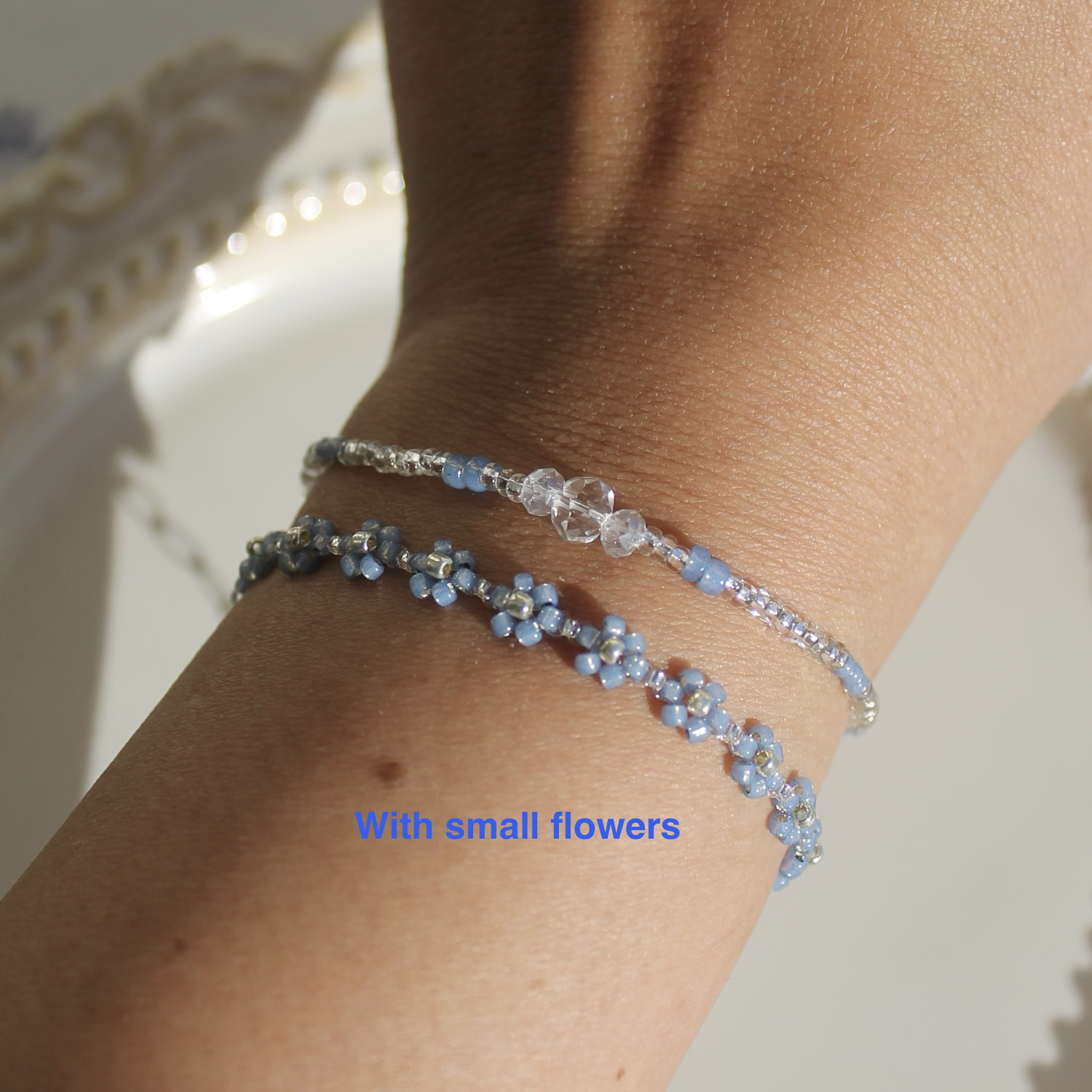 Tiny blue flower bracelet with Japanese seed beads and silver details