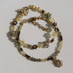 Fall floral bracelet set with green brown yellow Japanese glass beads and sun charm
