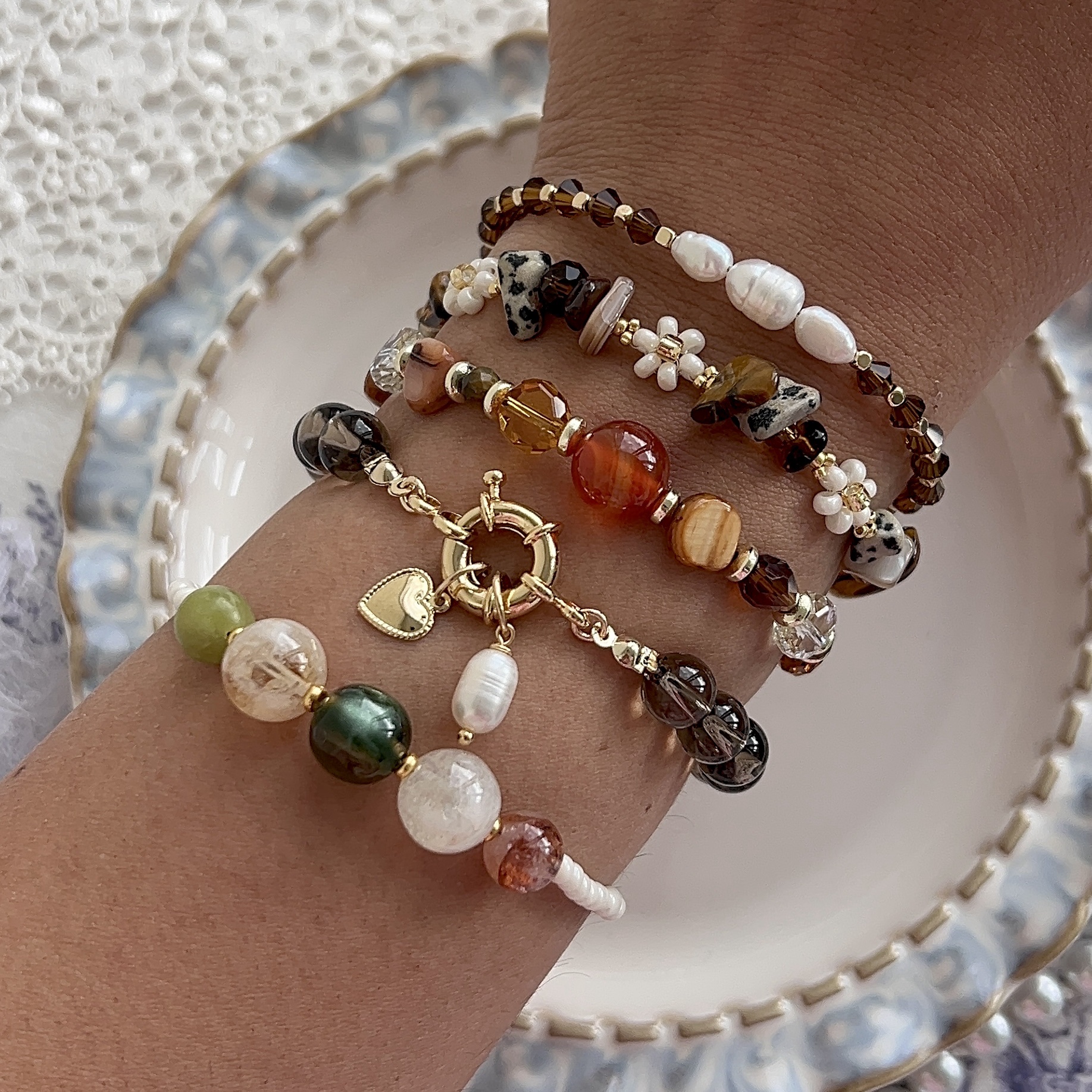 Fall inspired beaded bracelet with heart and pearls
