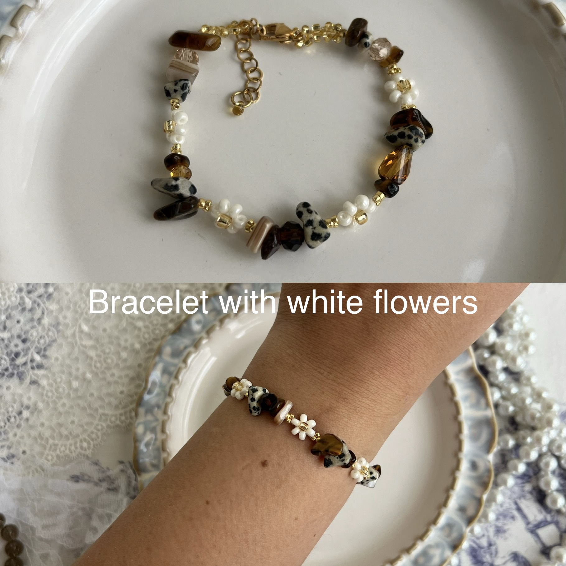 Brown beaded bracelet with three freshwater pearls
